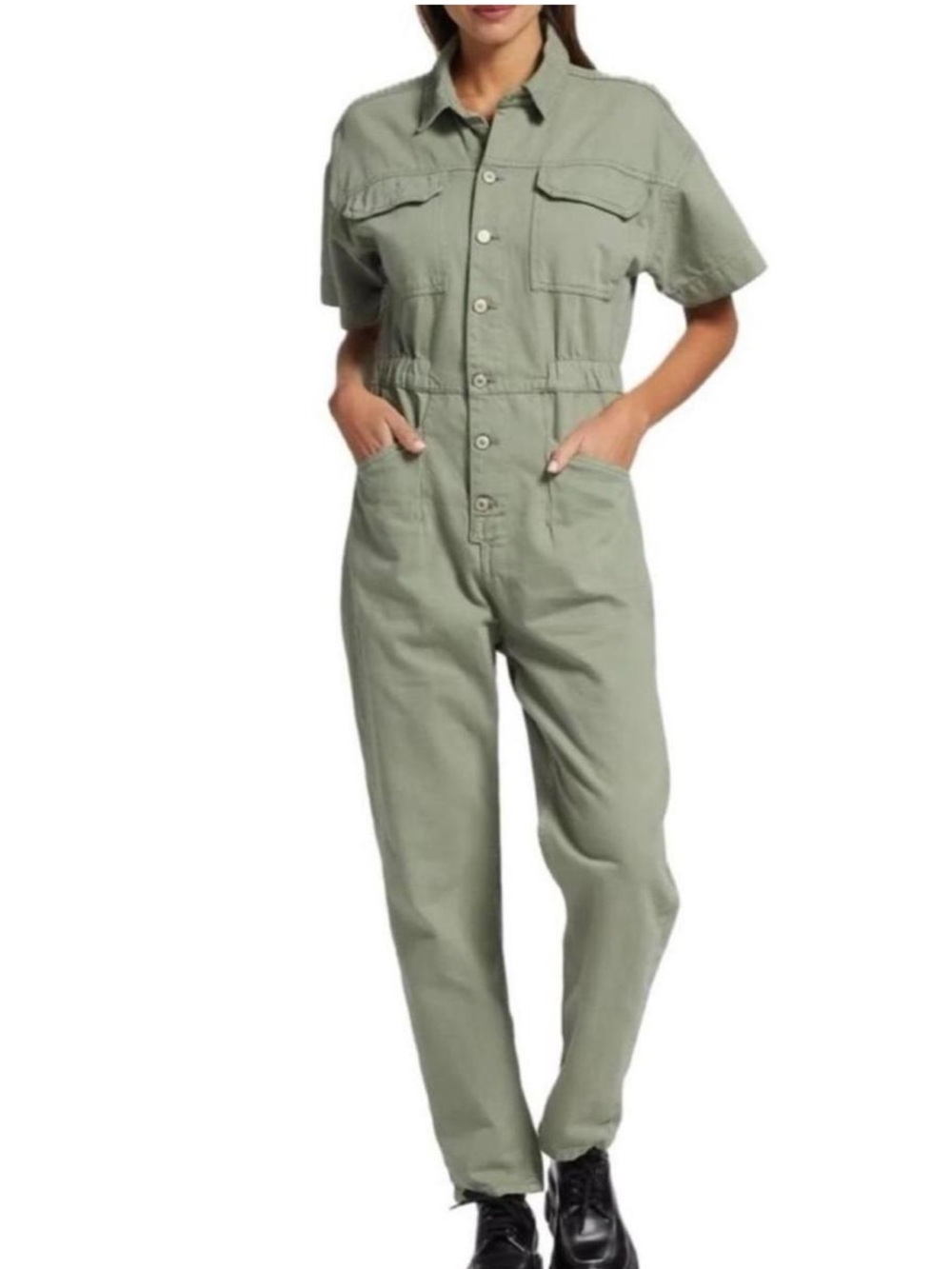 We The Free Marci Coveralls Size XS Utility Short-Sleeve Jumpsuit in Light Olive